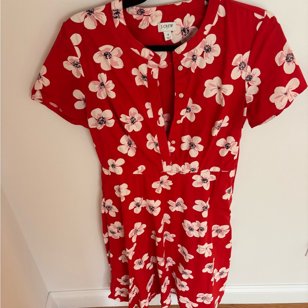 J. Crew Red Dress with White Floral Print